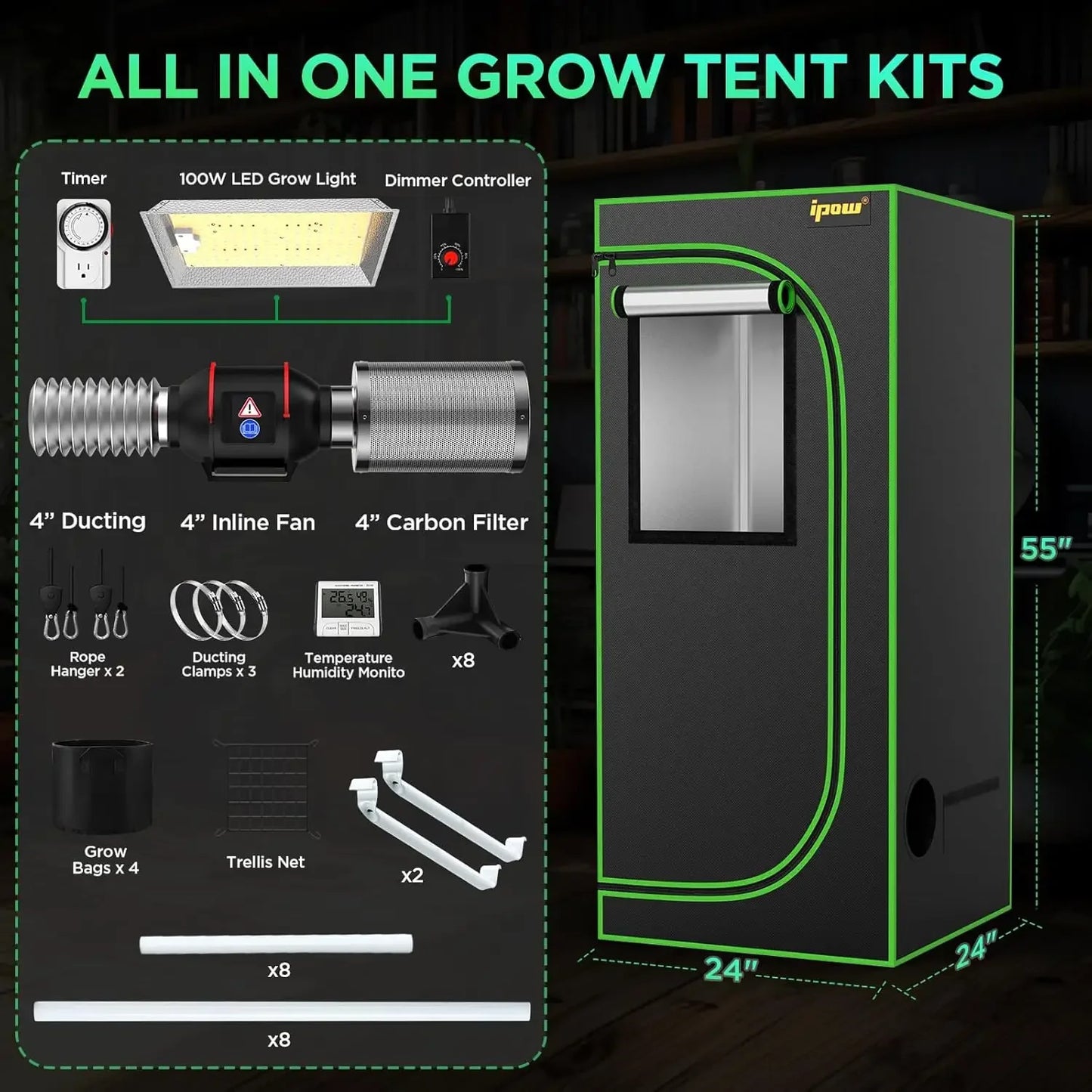 Grow Tent Kit Complete System 2x2 ft LED Grow Light Dimmable