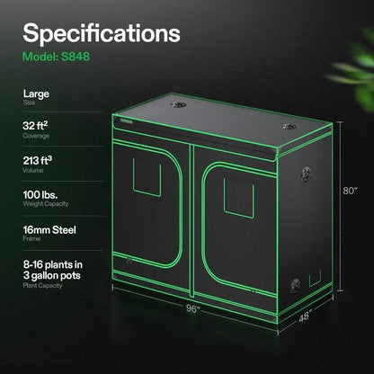 4x8 Grow Tent, 96"x48"x80" High Reflective Mylar with Observation Window and Floor Tray