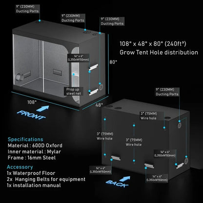 2-in-1 108"X48"X80"Grow Tent Reflective 600D Canvas Mylar Grow Tents